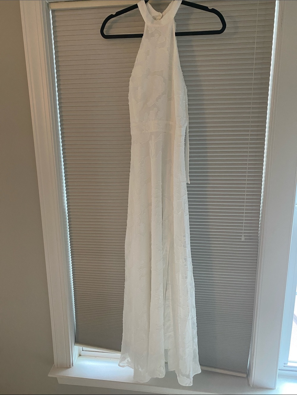 RIHOAS White Halter Maxi Dress with Embossed Floral Texture